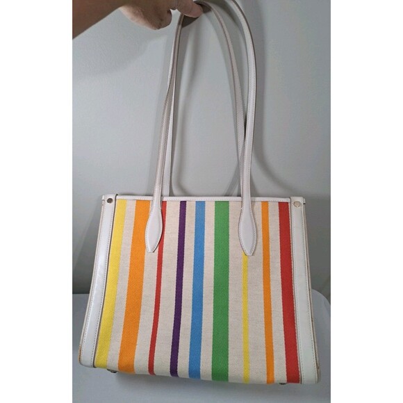 Kate Spade Rainbow Medium Market Tote Linen Canvas & Leather - Picture 2 of 16